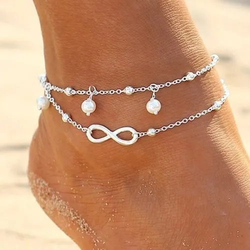5Pcs/Set Vintage Pearl Infinity Heart Anchor Anklet Set Fash