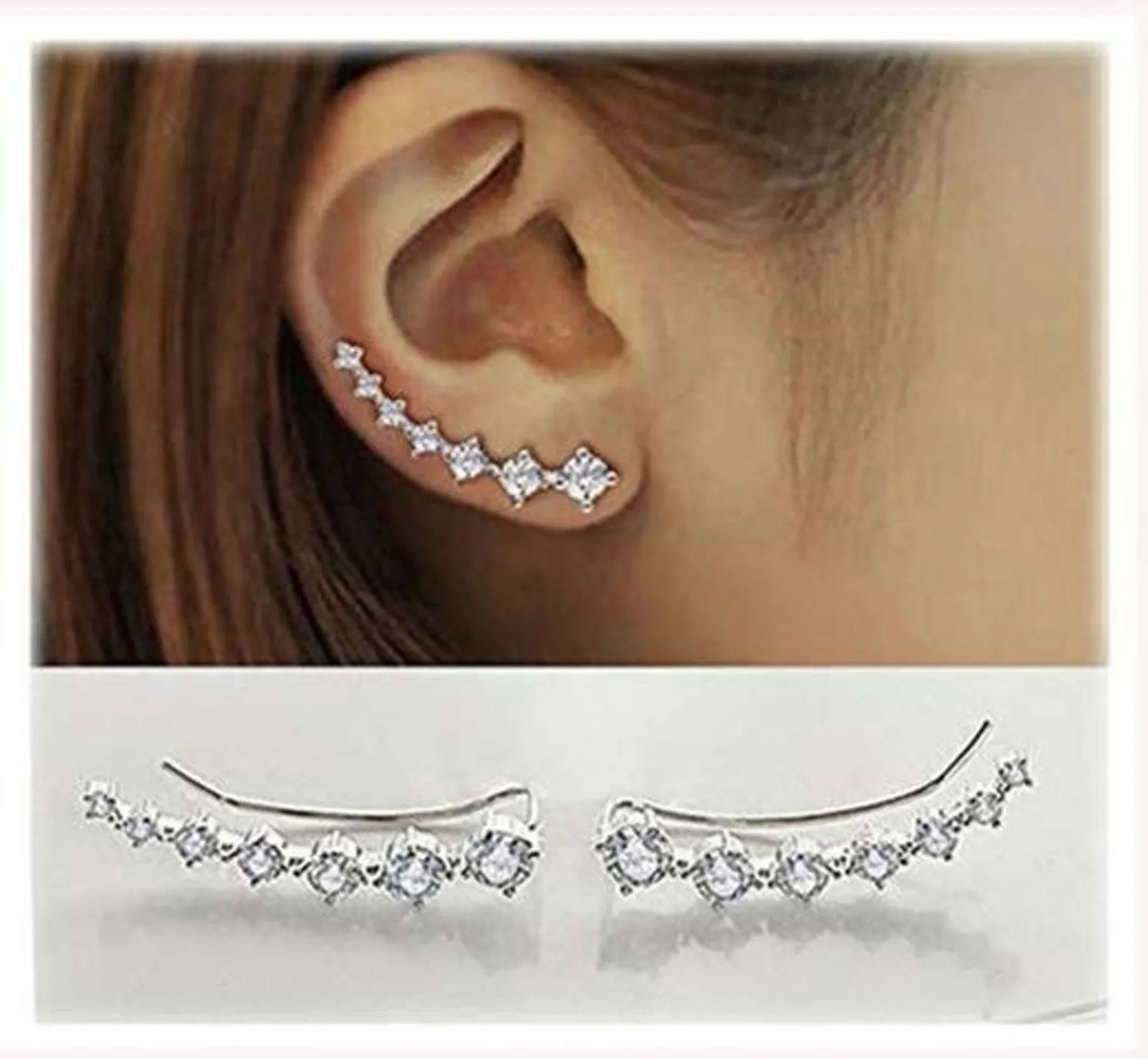 7 Cristales Ear Cuffs Hoop Climber S925 Sterling Pendientes de plata Pendiente